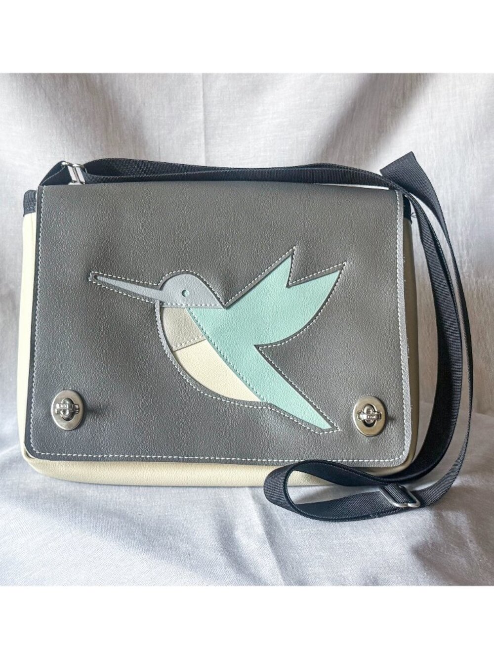 Holly Aiken Hummingbird Crossbody Messenger Bag Flint Gray Mint Vinyl NC Made